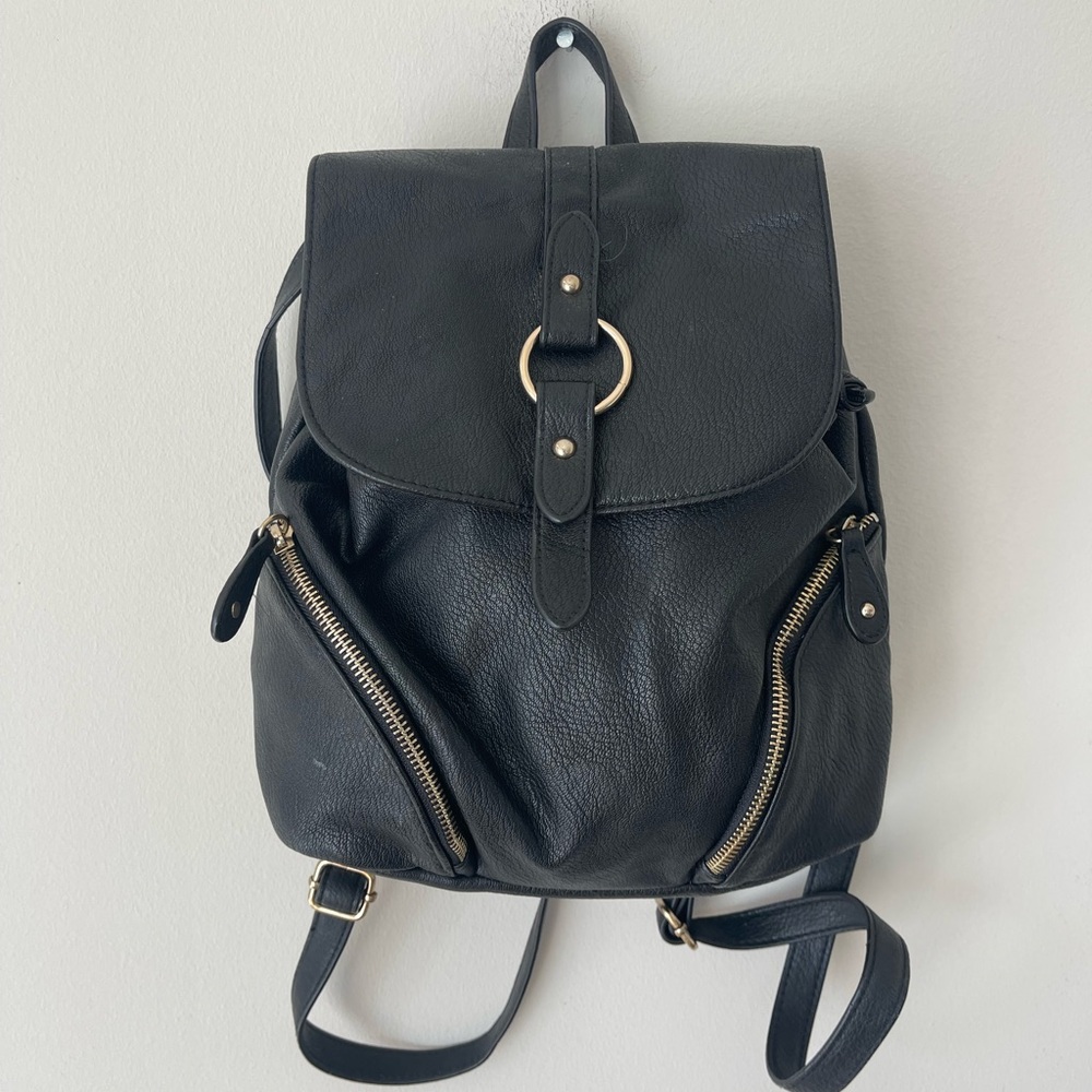 Express Black Faux Leather Backpack with Gold Accents